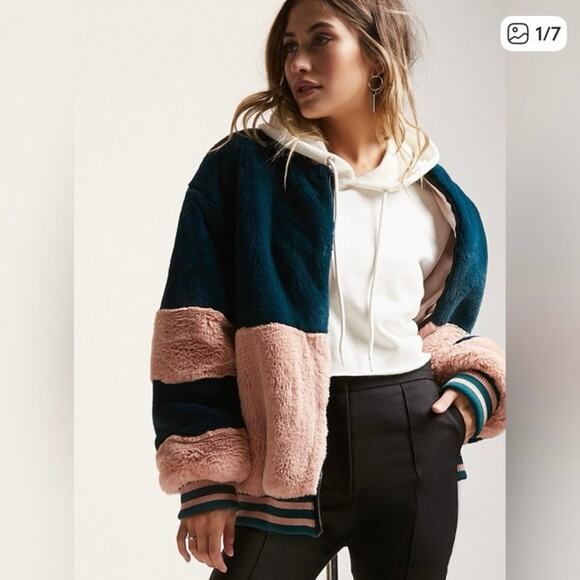 Shaci Faux Fur Pink and Teal Color Block Bomber Jacket - Picture 1 of 9